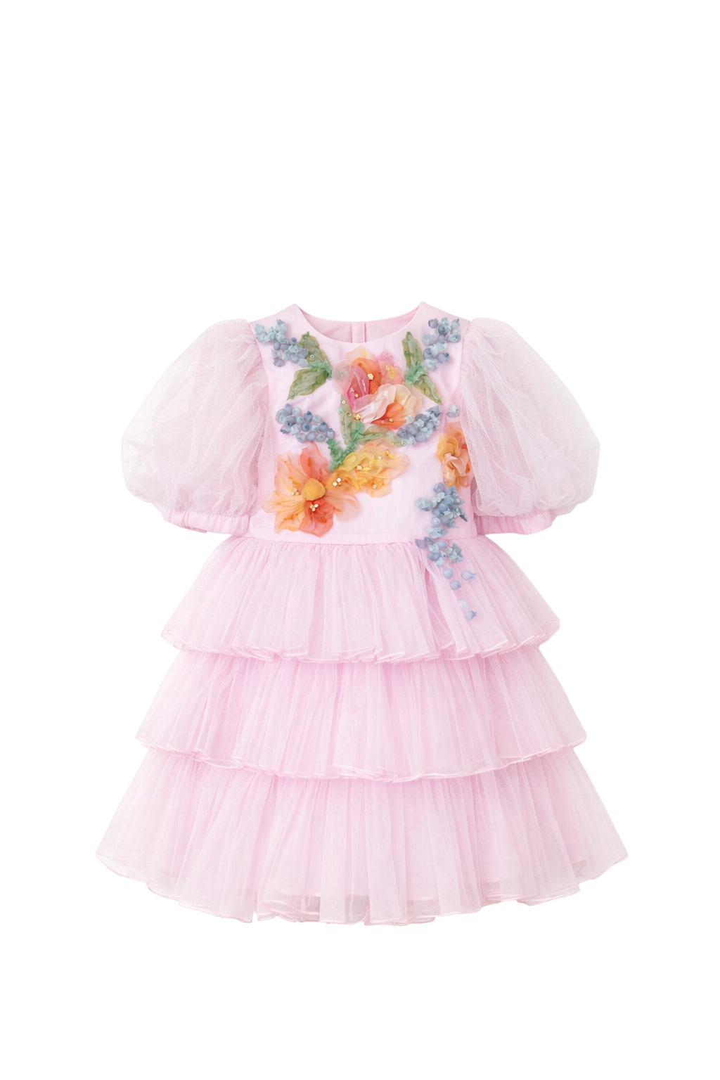 Pink tulle dress with puff sleeves and hand-embellished 3D flowers