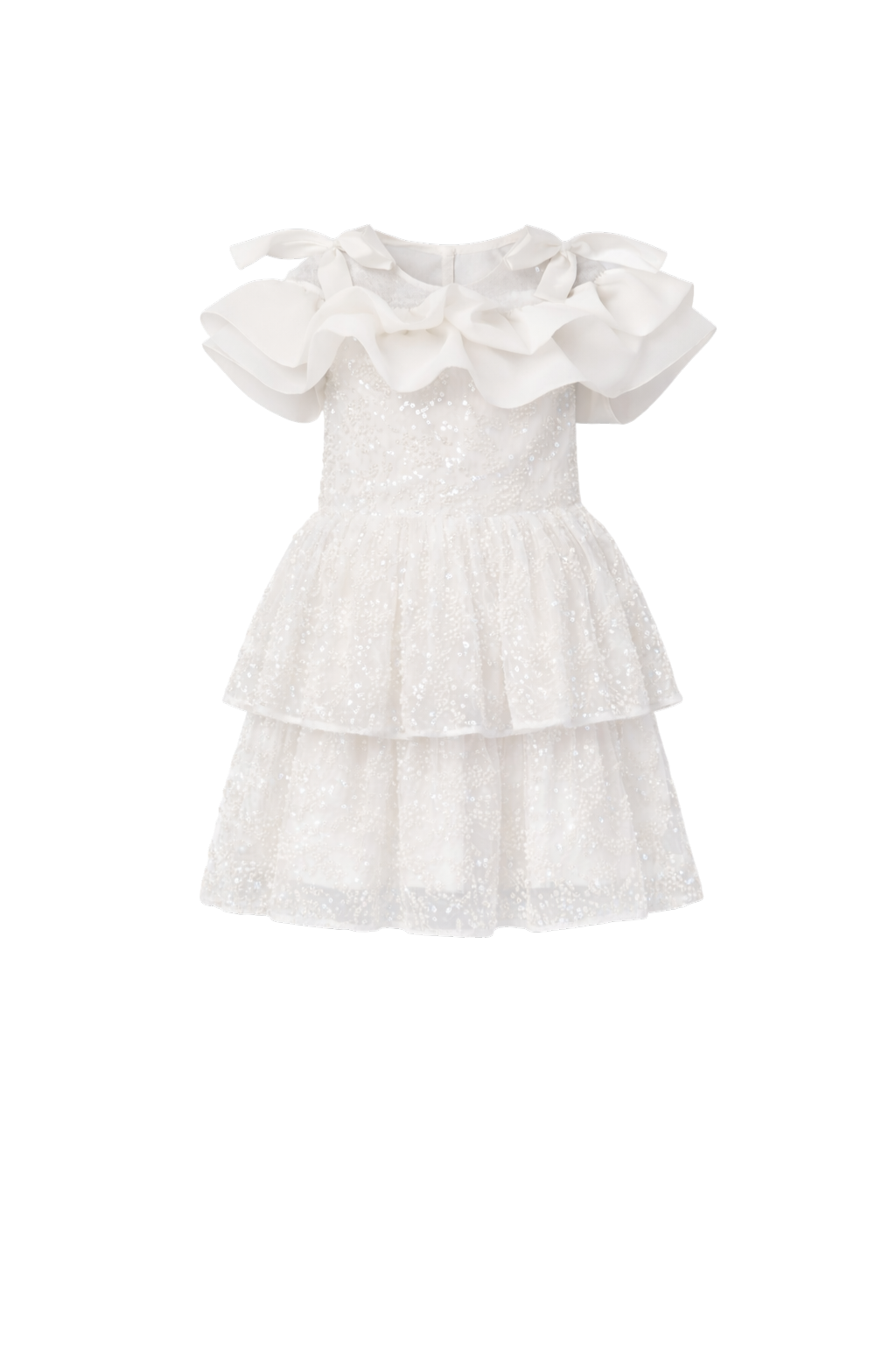 White pearl lace dress with organza frills and shoulder bows