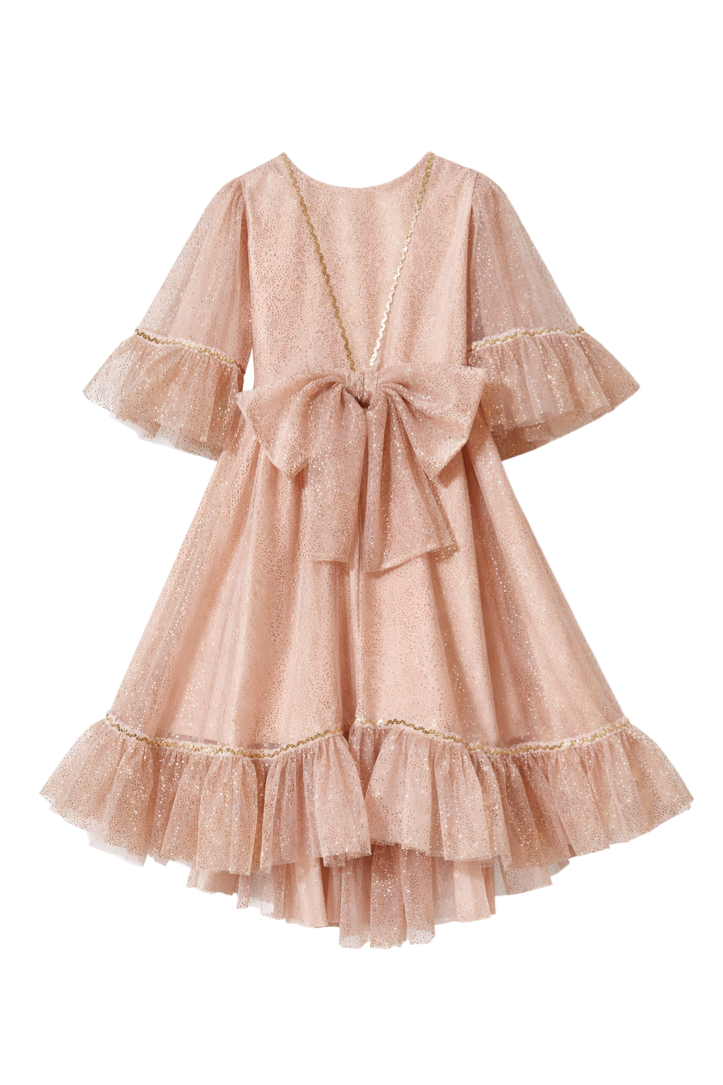 Dusty pink glitter tulle dress with flounced sleeves and a big bow