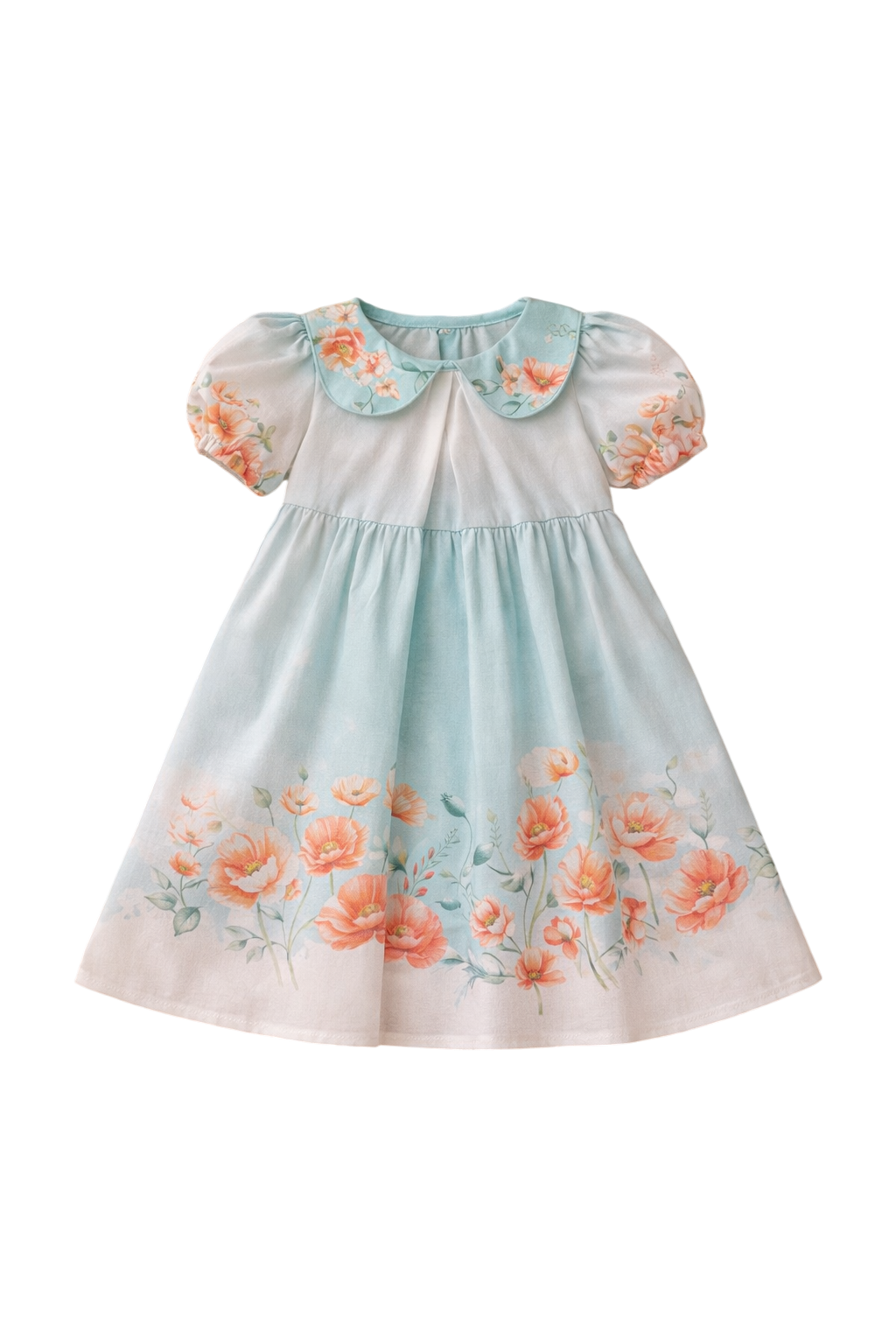 Ombré dress in soft aqua with floral print, puff sleeves, and a hand-embellished collar