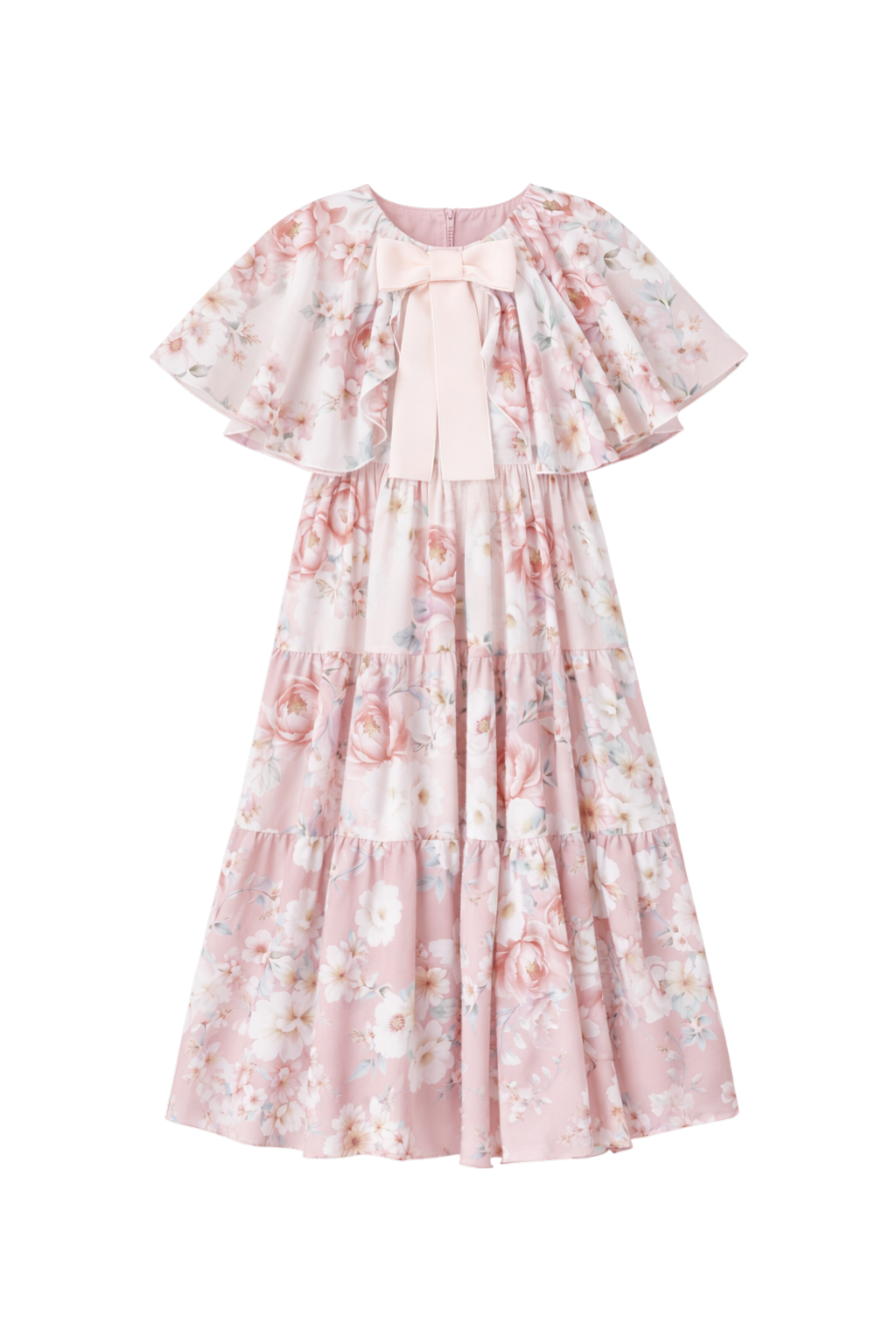 White and pink ombrè floral print chiffon dress with pink velvet bow