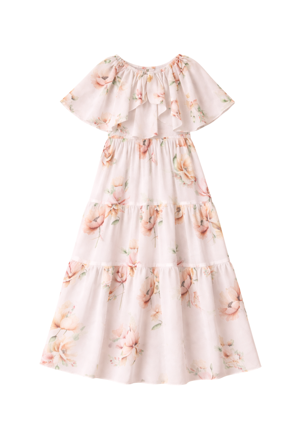 Flowy tiered chiffon floral maxi dress with ruffle cape and a bow