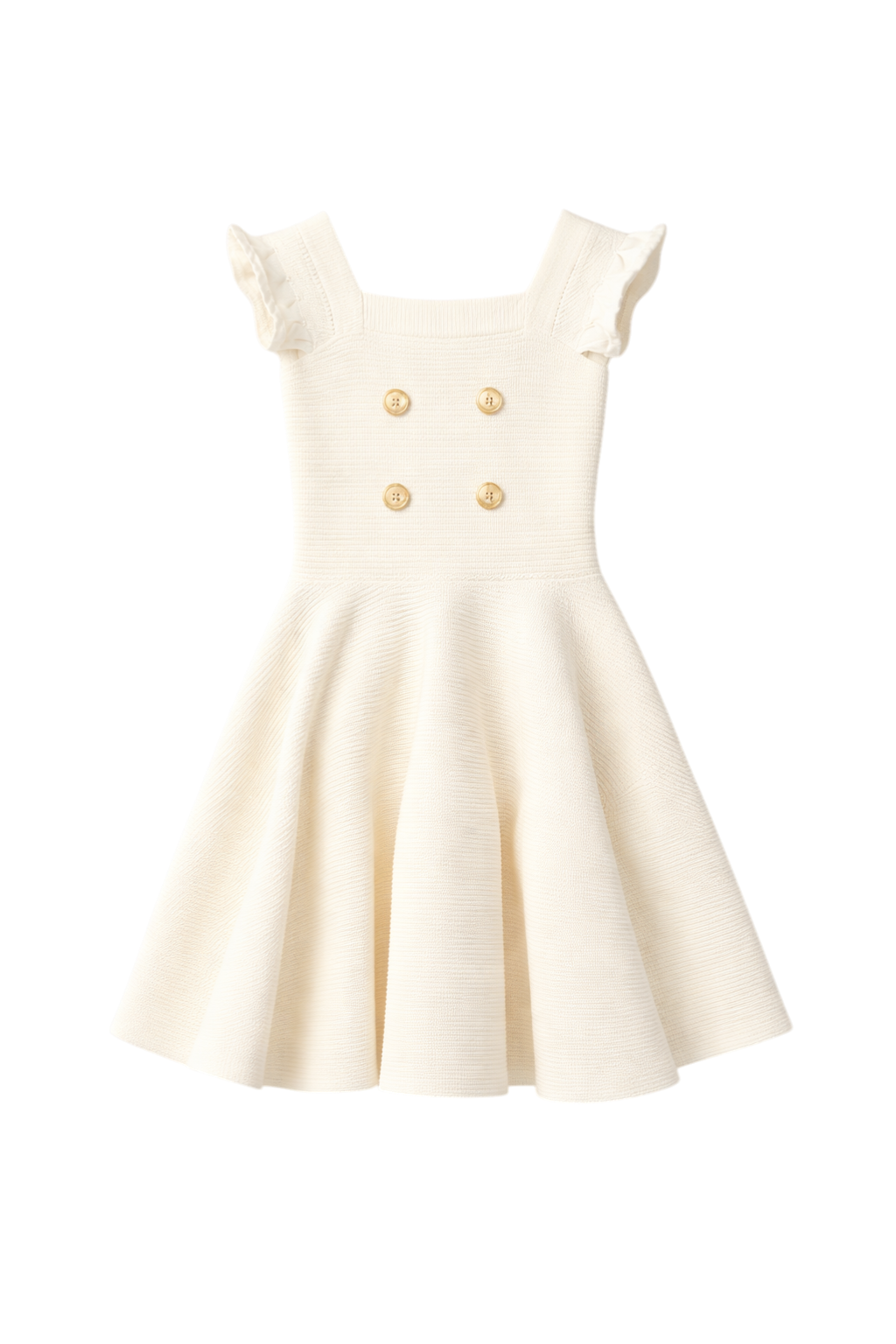 Ivory textured knit dress with flared skirt, gold anchor buttons and ruffled shoulder straps