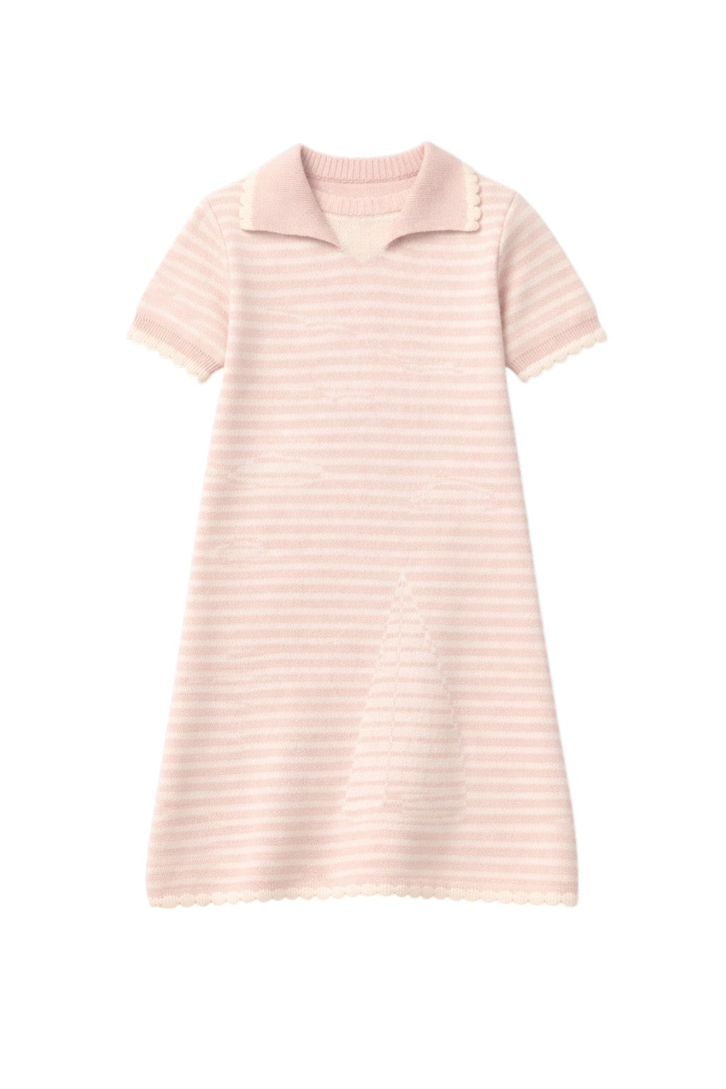 Light pink and white striped knit dress with short sleeves, collar detail, and subtle textured sailboat motif