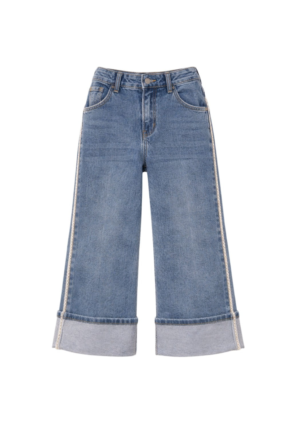 Wide-leg denim jeans with turned-up cuffs, side rope details