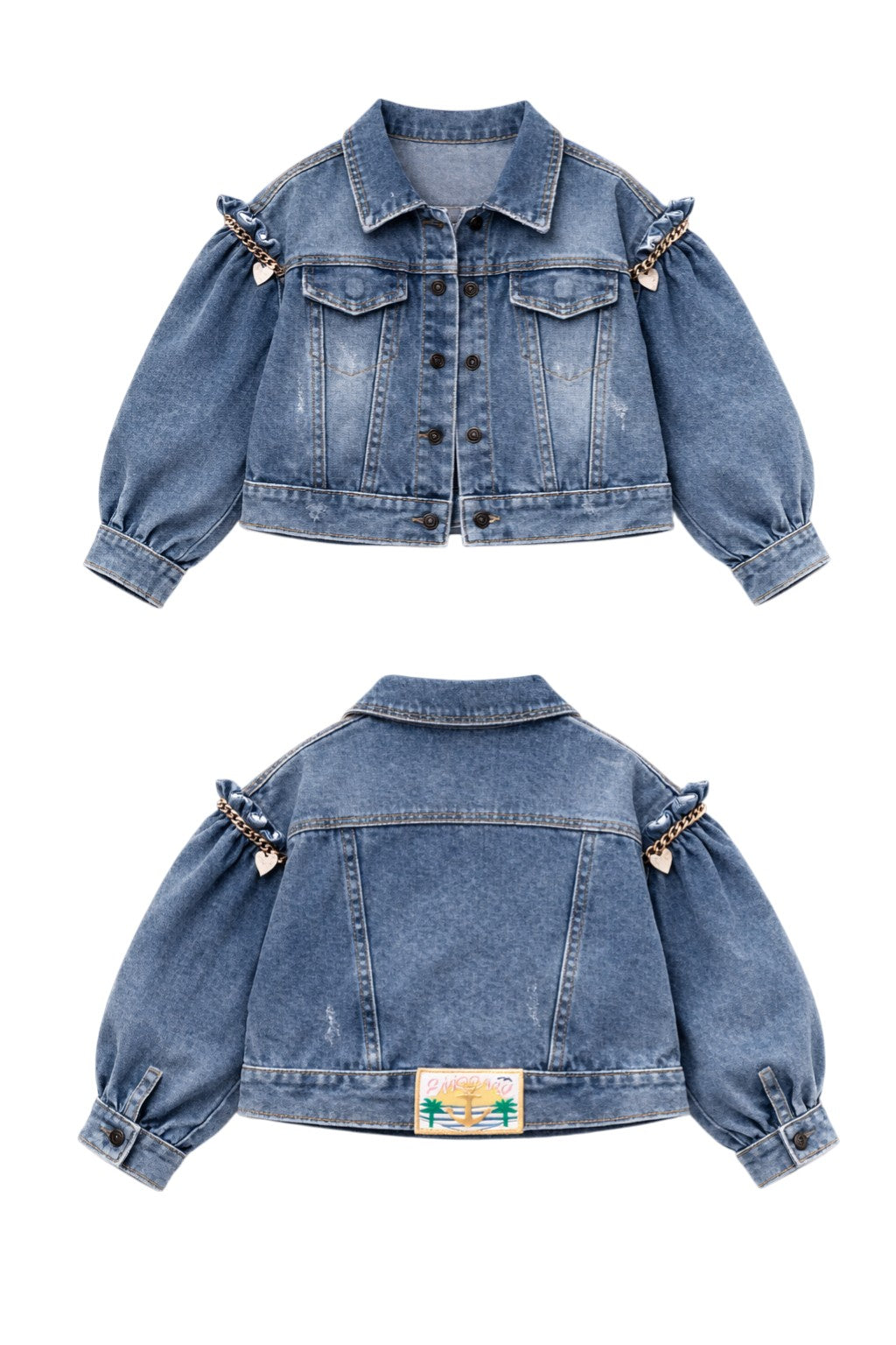 Denim jacket with puffed sleeves, heart gold chain details, and front button closure
