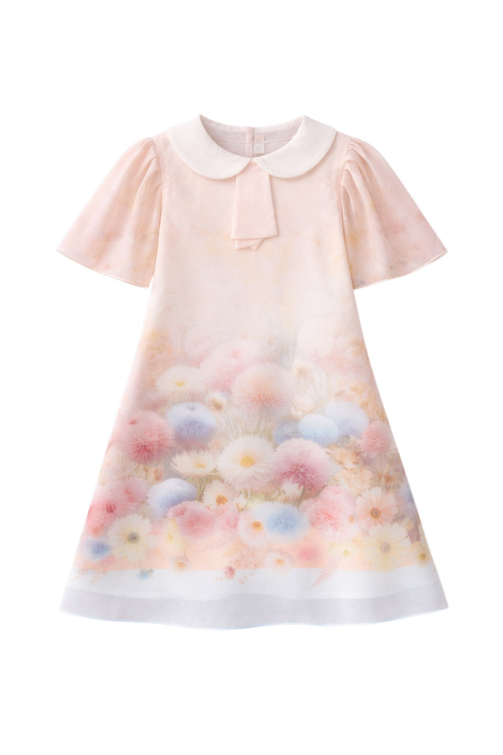 Soft pink A-line dress with falling sleeves, peter pan collar and pastel floral print