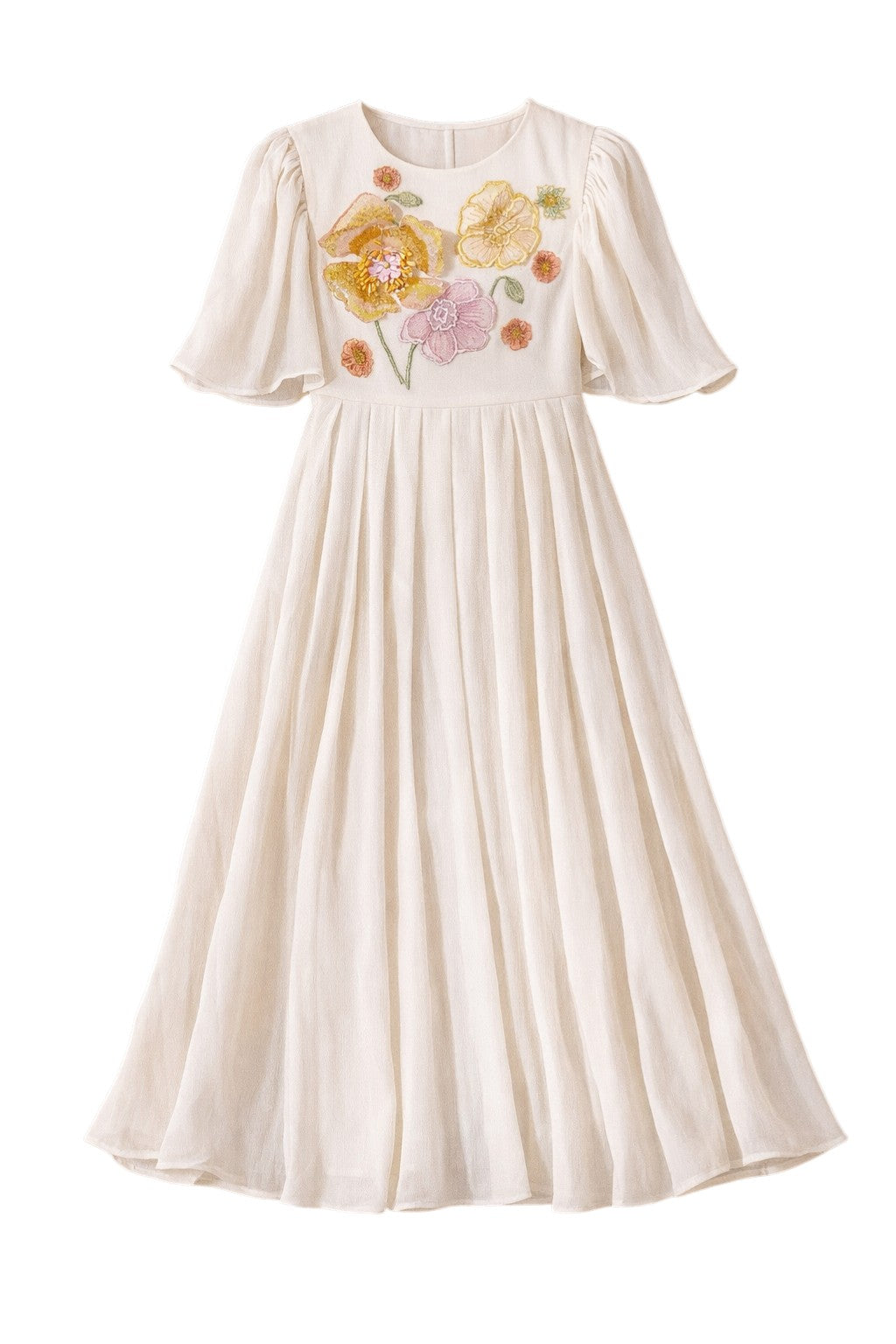 White midi dress with flutter sleeves and hand-embellished 3D flowers
