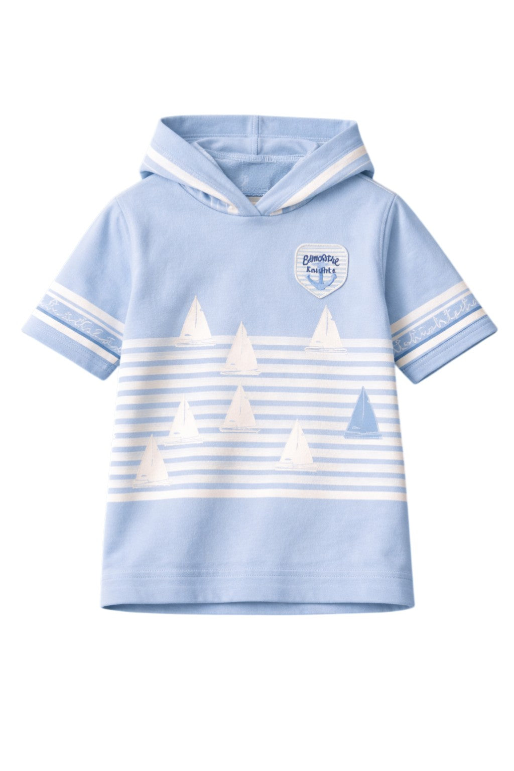 هودي مخطط بأكمام قصيرة باللون الأزرق الفاتح مزين بطبعة قارب شراعي وشعار إيرين نايتس