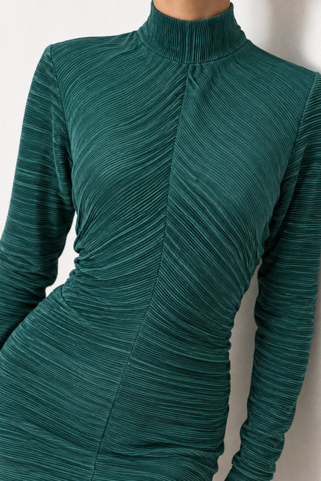 SELENE full-length pleated dress in deep petrol green - close-up