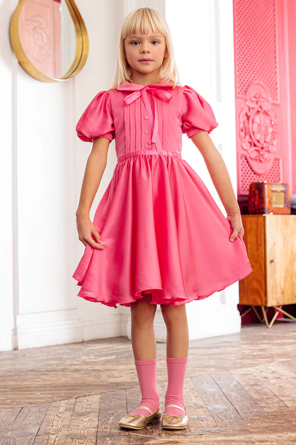 Coral satin dress with collar, front buttons and bow