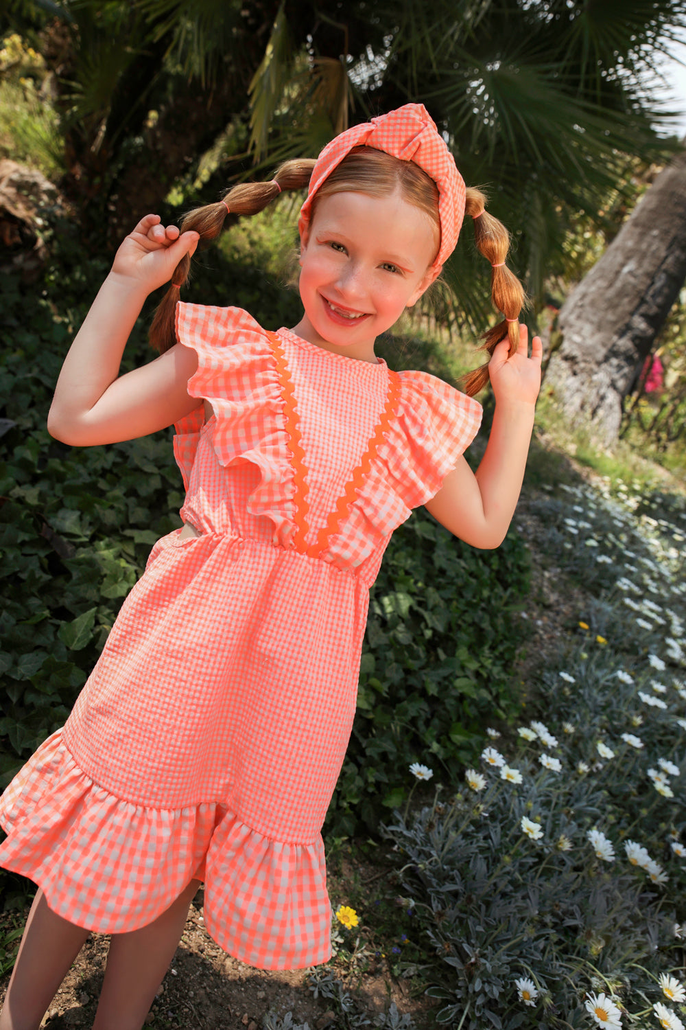 Coral neon and ecru cotton dress with frills