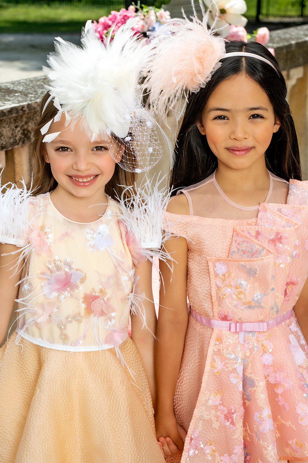 Cream jacquard organza dress with hand-embellished sequin floral lace upper part and white feathers on the sleeves
