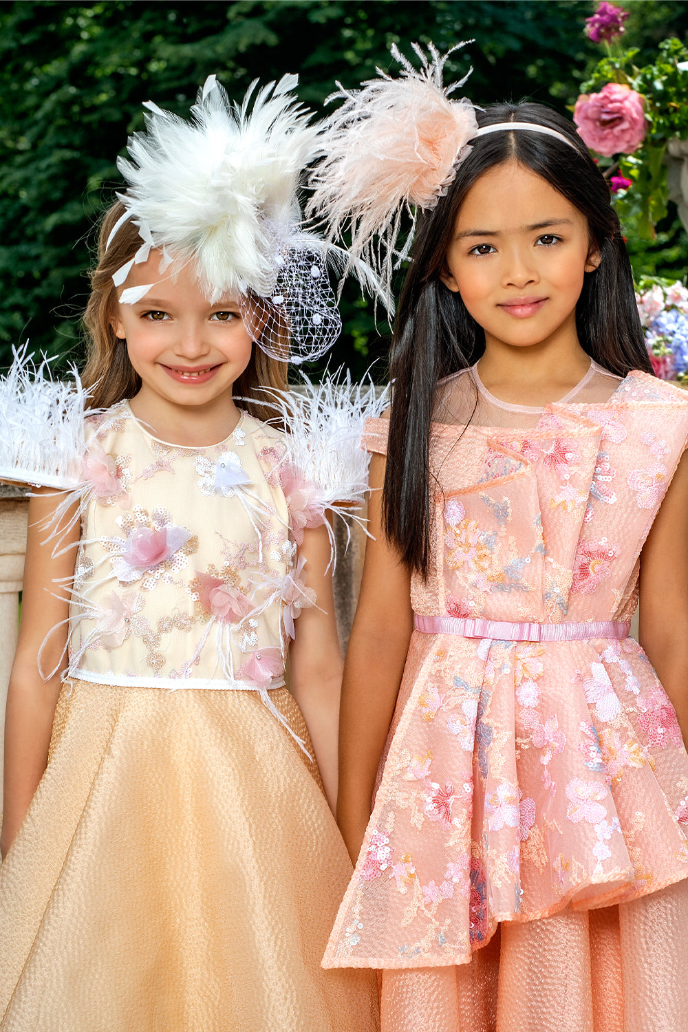 Cream jacquard organza dress with hand-embellished sequin floral lace upper part and white feathers on the sleeves