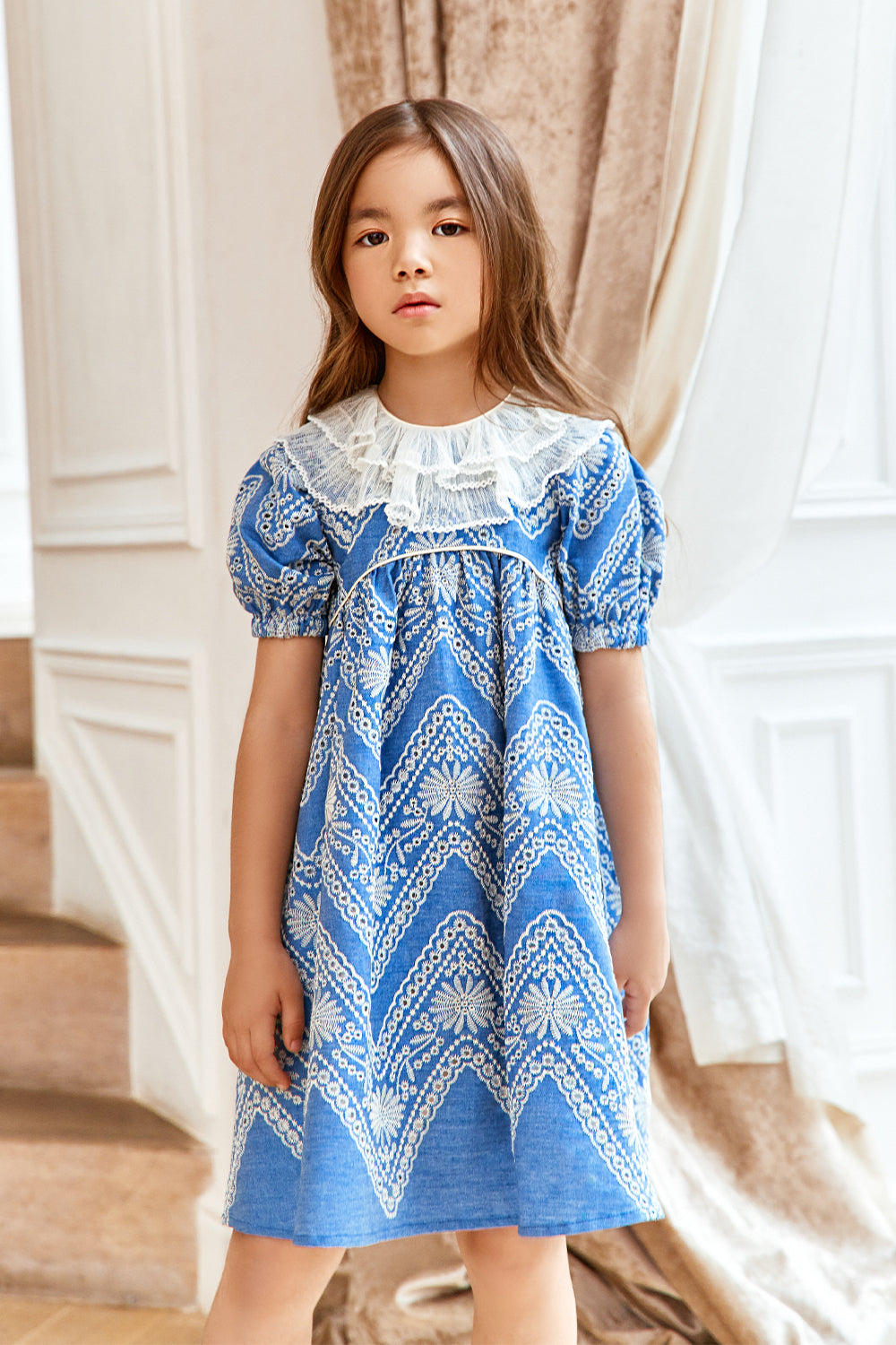 Denim embroidered cotton broderie anglaise dress with white tulle frill