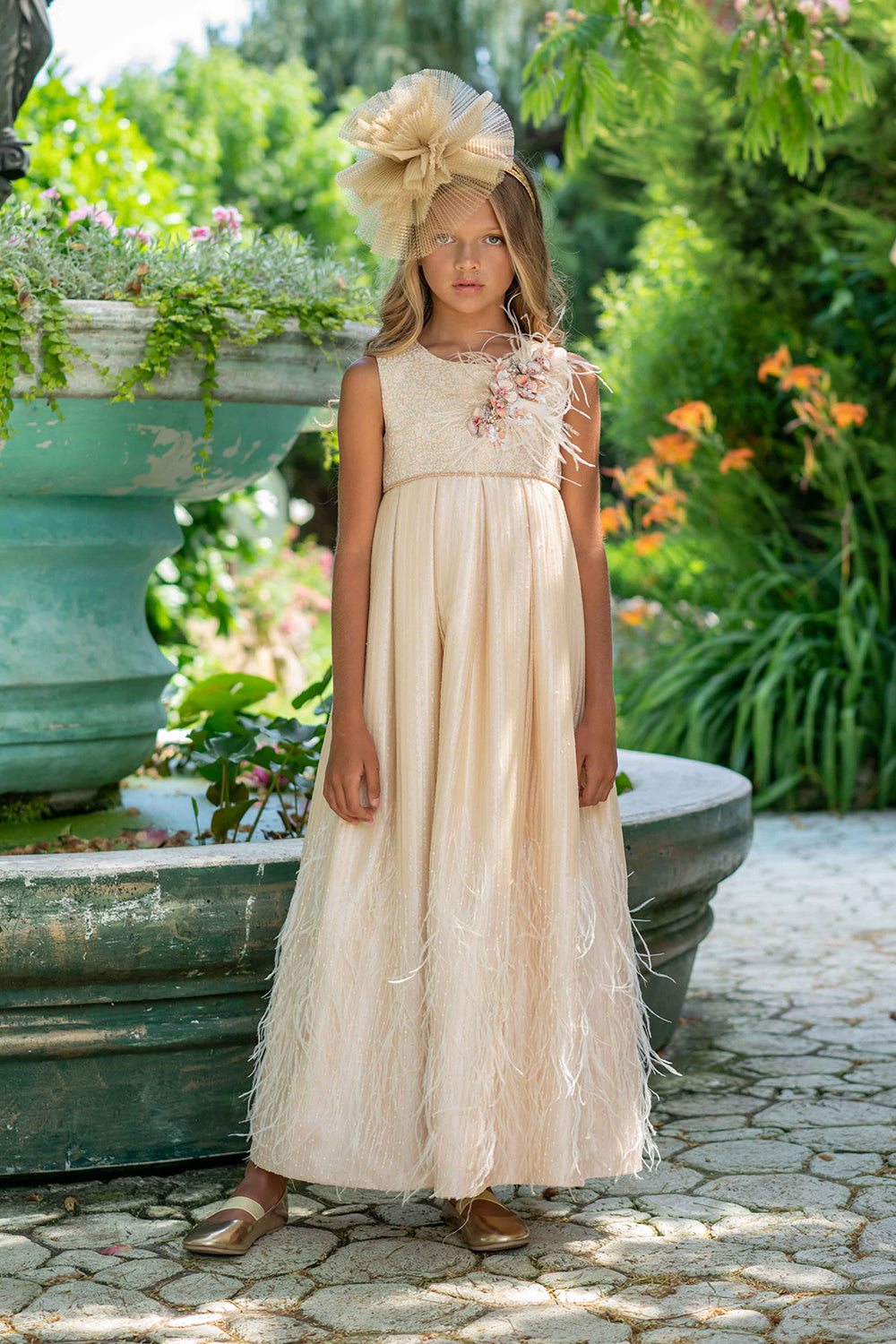 Ecru and gold long dress with sequin feather skirt and hand-made embellishments
