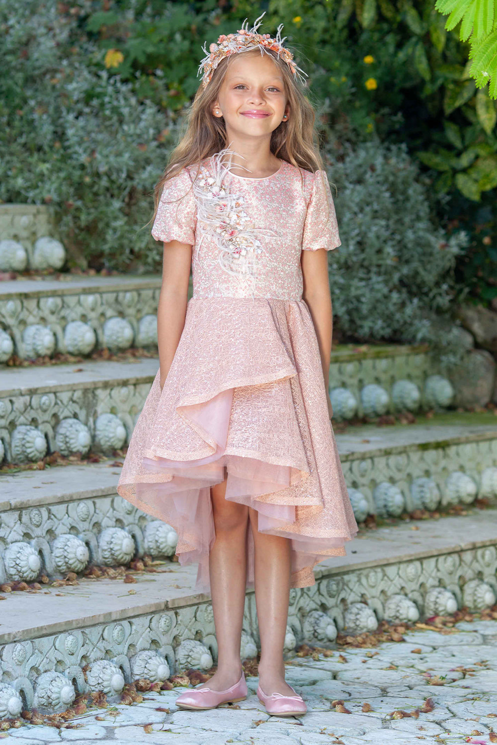 Pink shimmering dress with hand-made embellishments and asymmetrical sequin skirt