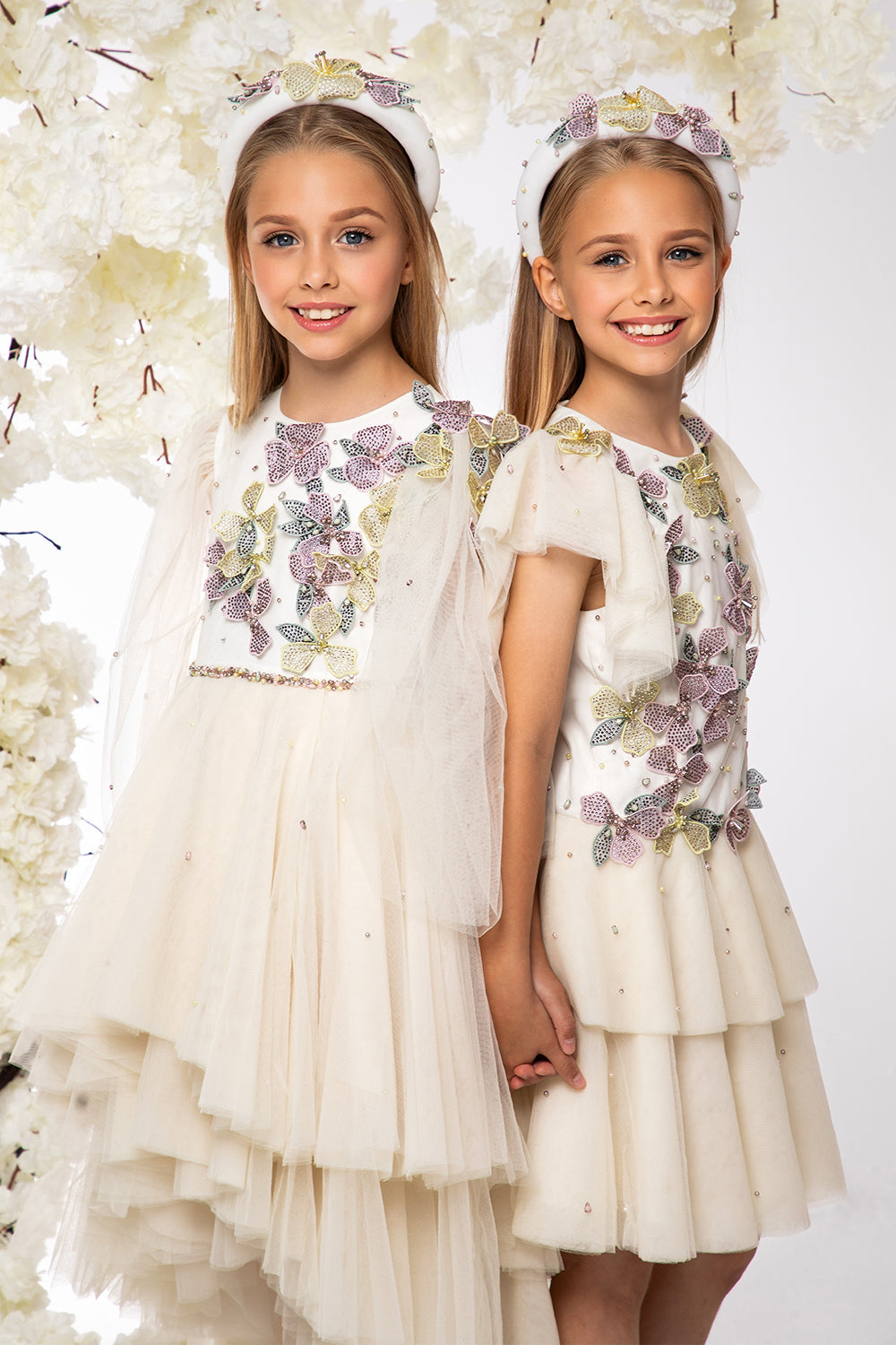 Ivory low waist tulle layered dress with hand-embellished flowers, pearls and crystals