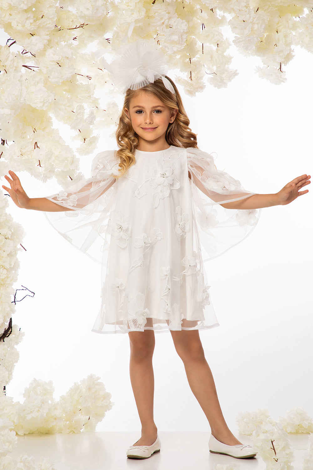 White 3D flowers lace dress with pearls and crystals hand-embellishments