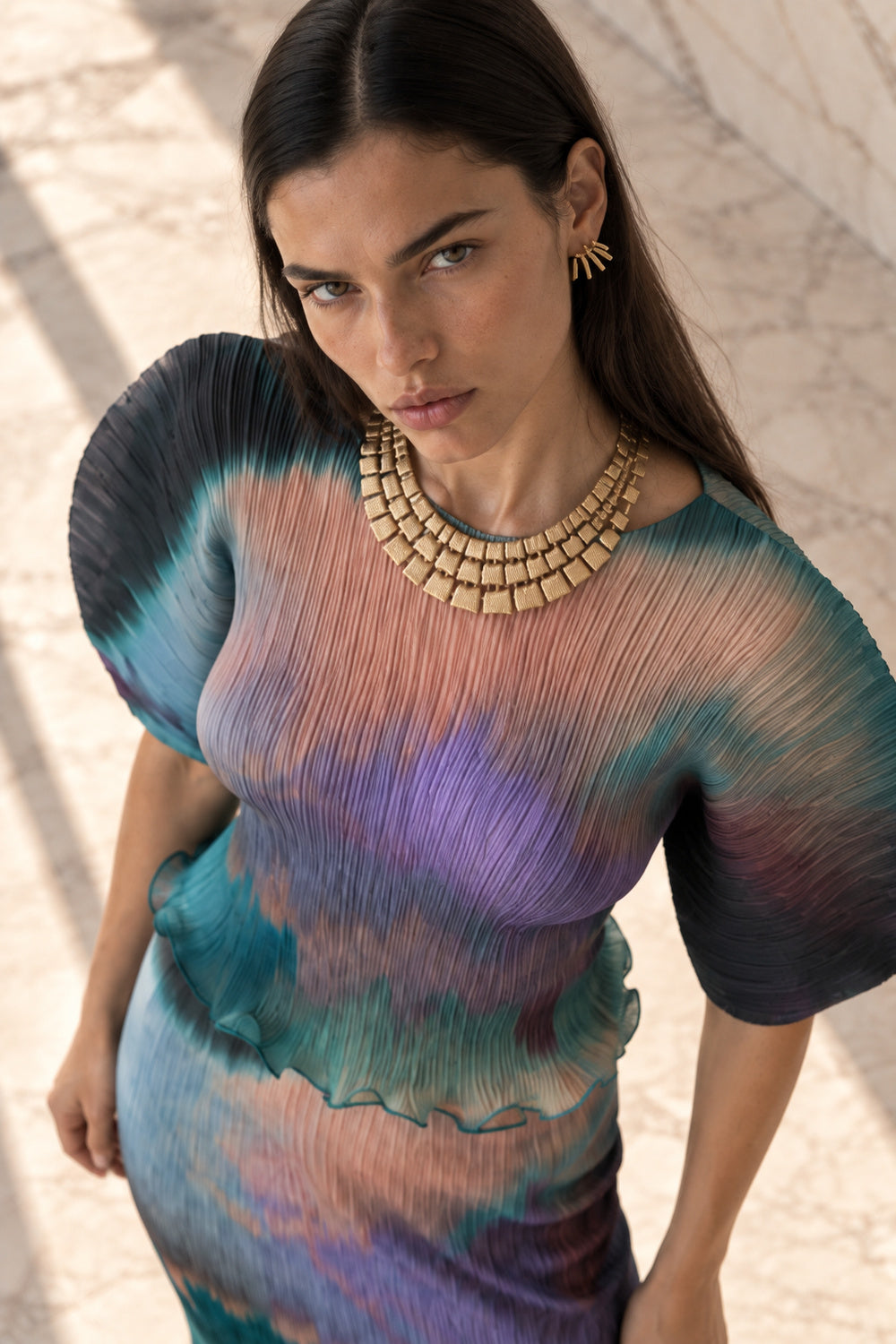 ARIA cropped pleated top in an abstract petrol and violet print