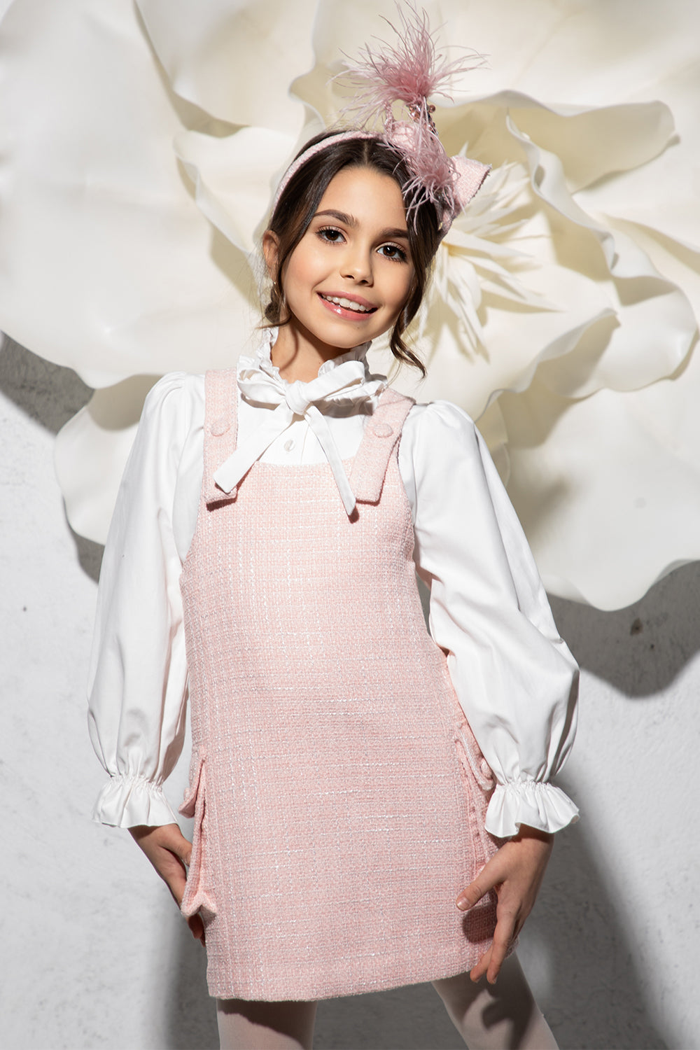 open lace back dress Pink tweed pinafore dress with side pockets