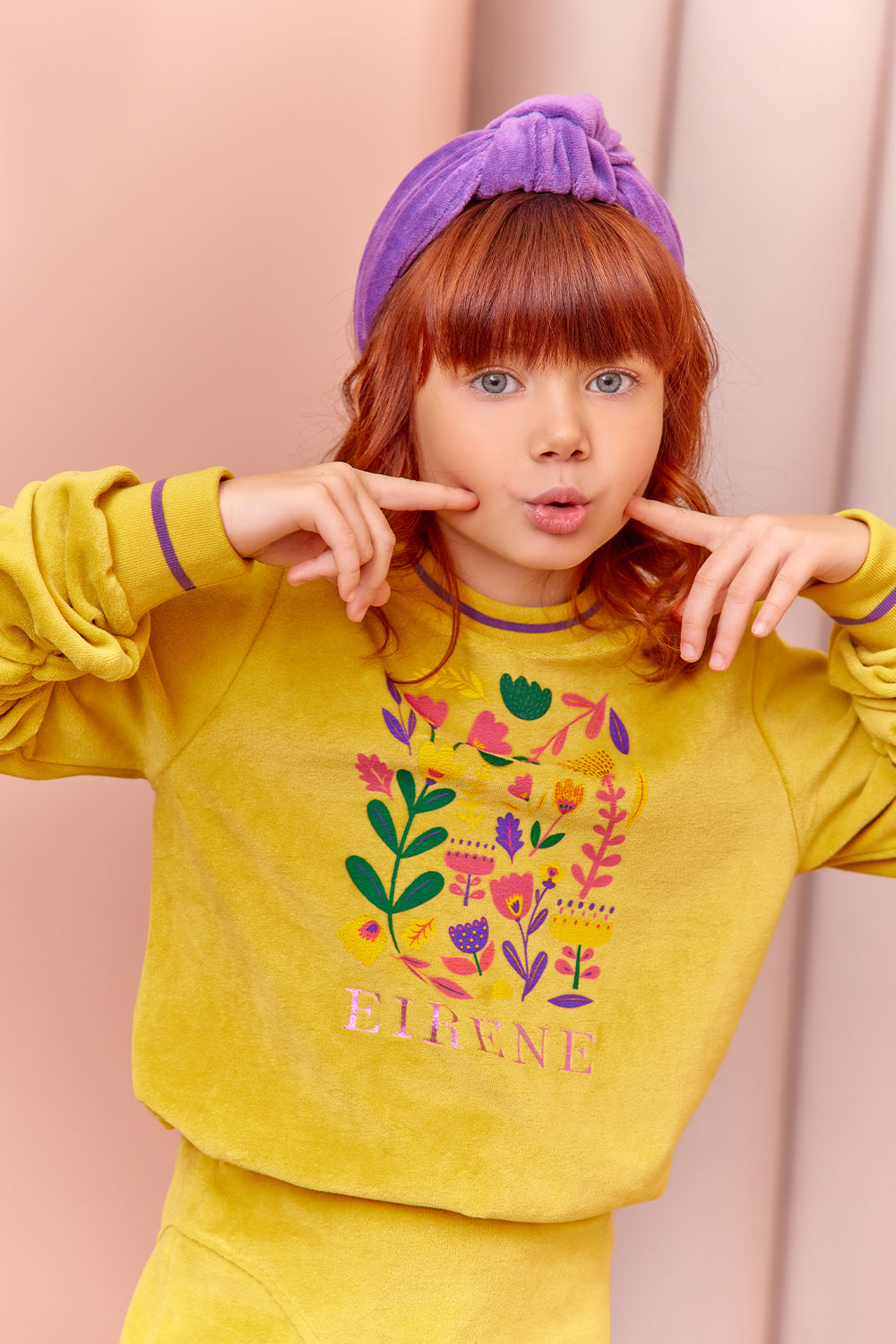 Mustard yellow cotton velvet dress with floral print and slouched sleeves