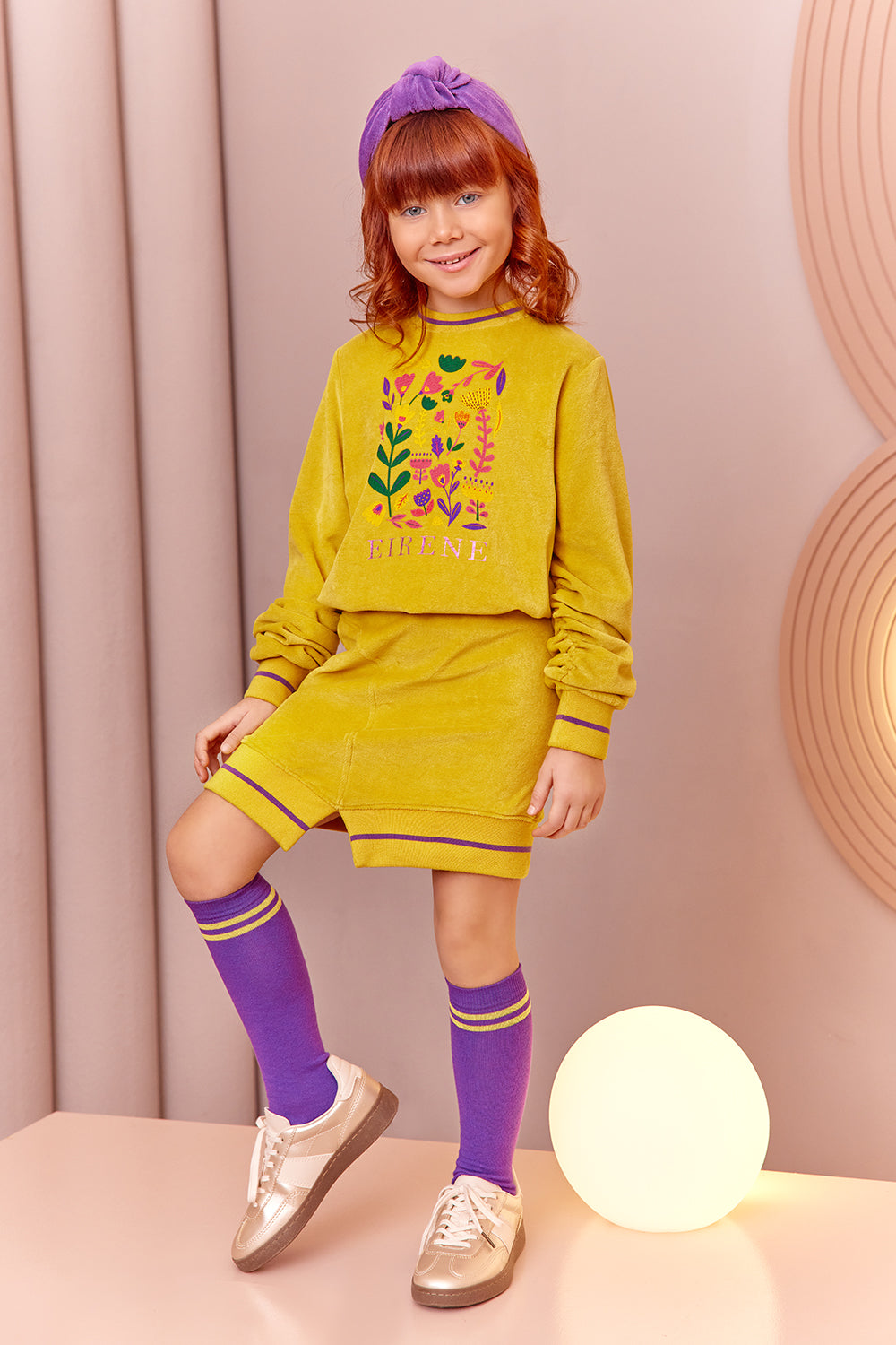 Mustard yellow cotton velvet dress with floral print and slouched sleeves