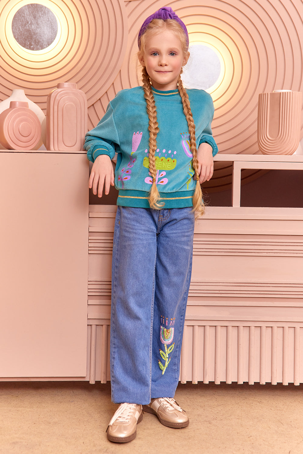 Turquoise cotton velvet sweatshirt with floral print