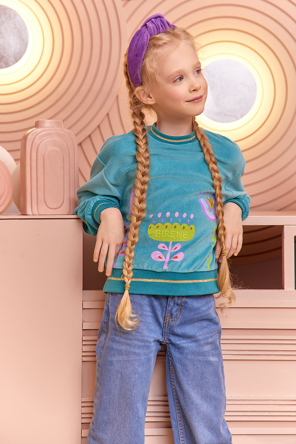 Turquoise cotton velvet sweatshirt with floral print