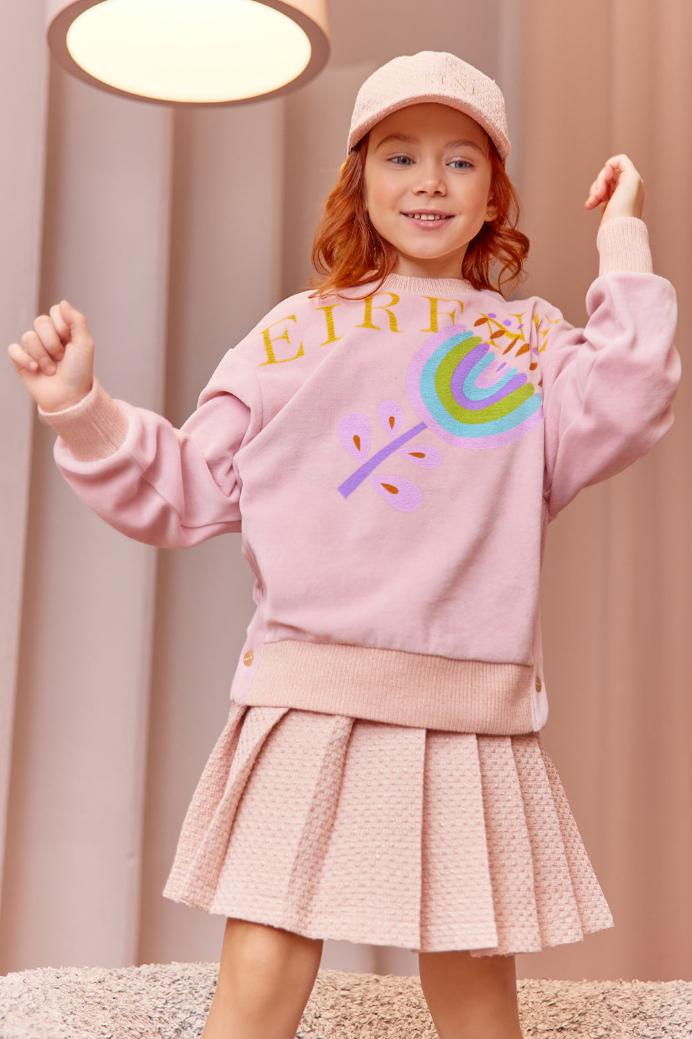 Pink cotton velvet sweatshirt with logo, print and side buttons