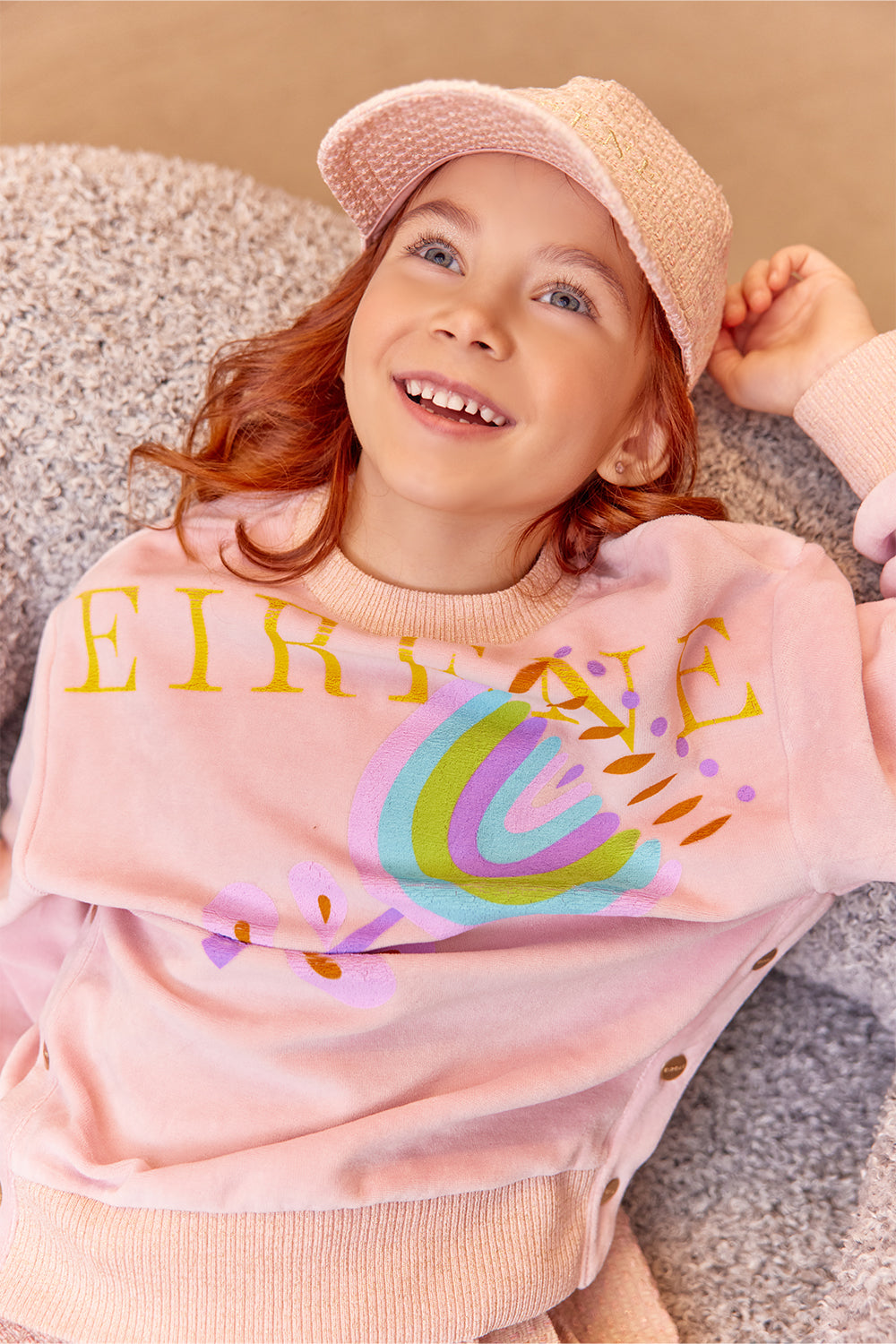 Pink cotton velvet sweatshirt with logo, print and side buttons