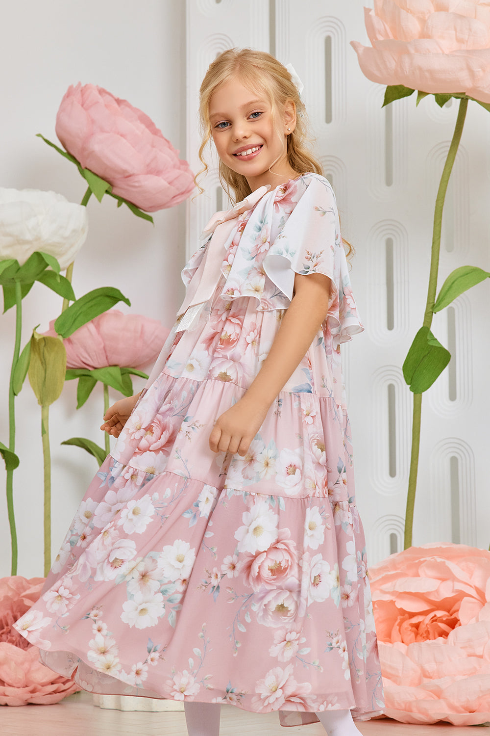 White and pink ombrè floral print chiffon dress with pink velvet bow