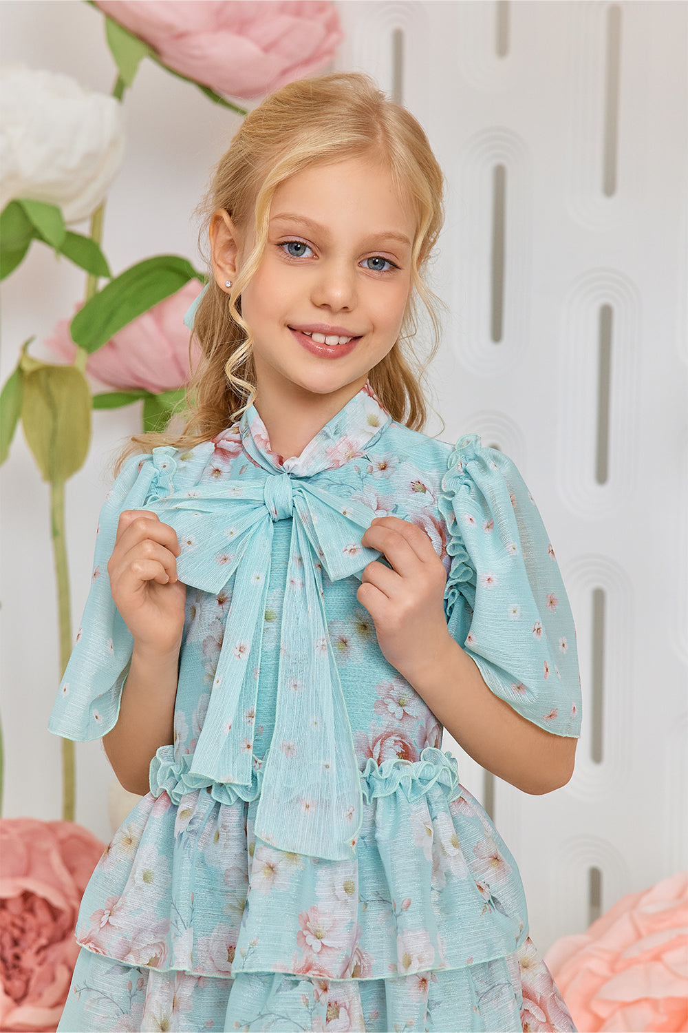 Mint floral chiffon dress with pussy bow