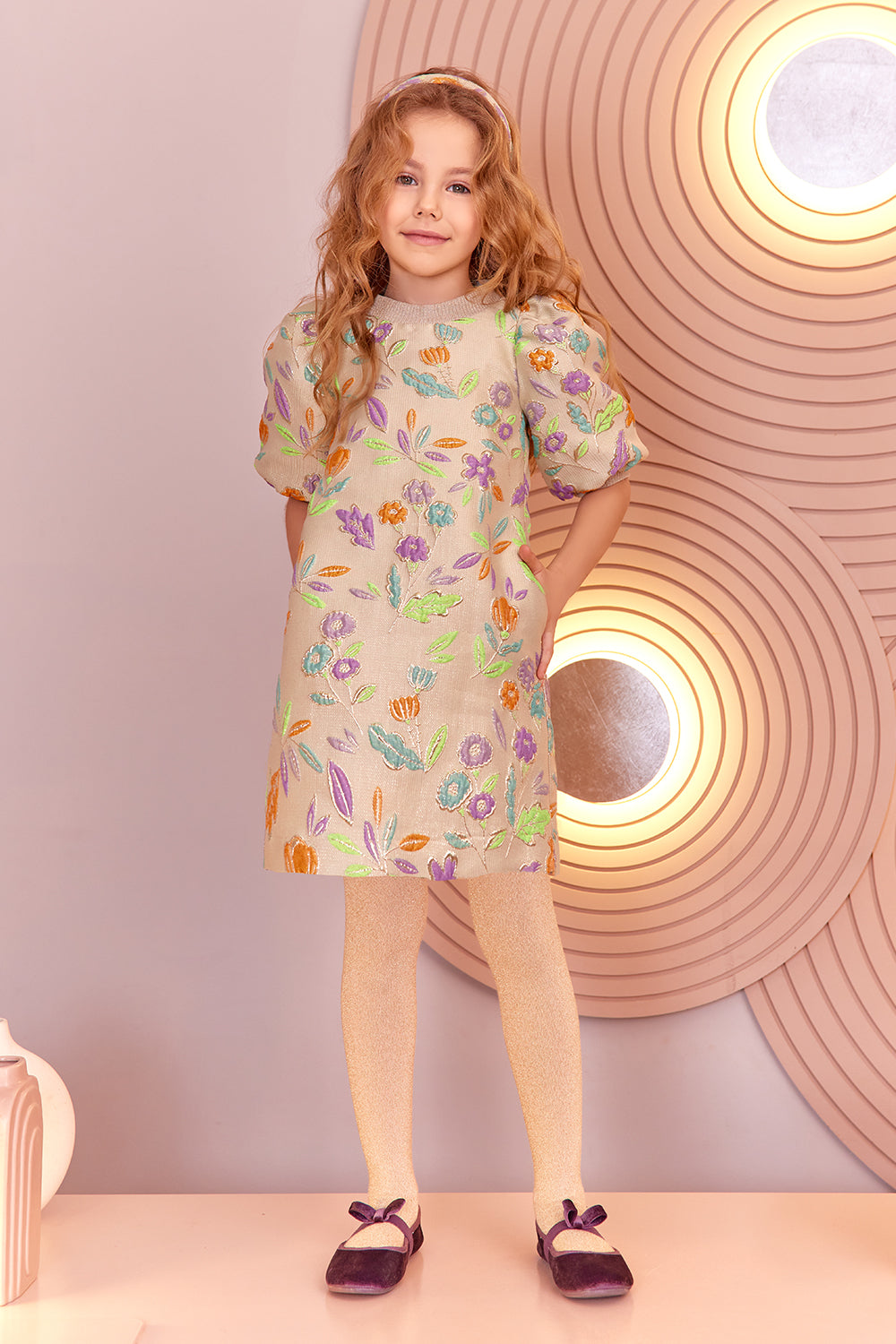 Gold floral jacquard dress with voluminous sleeves