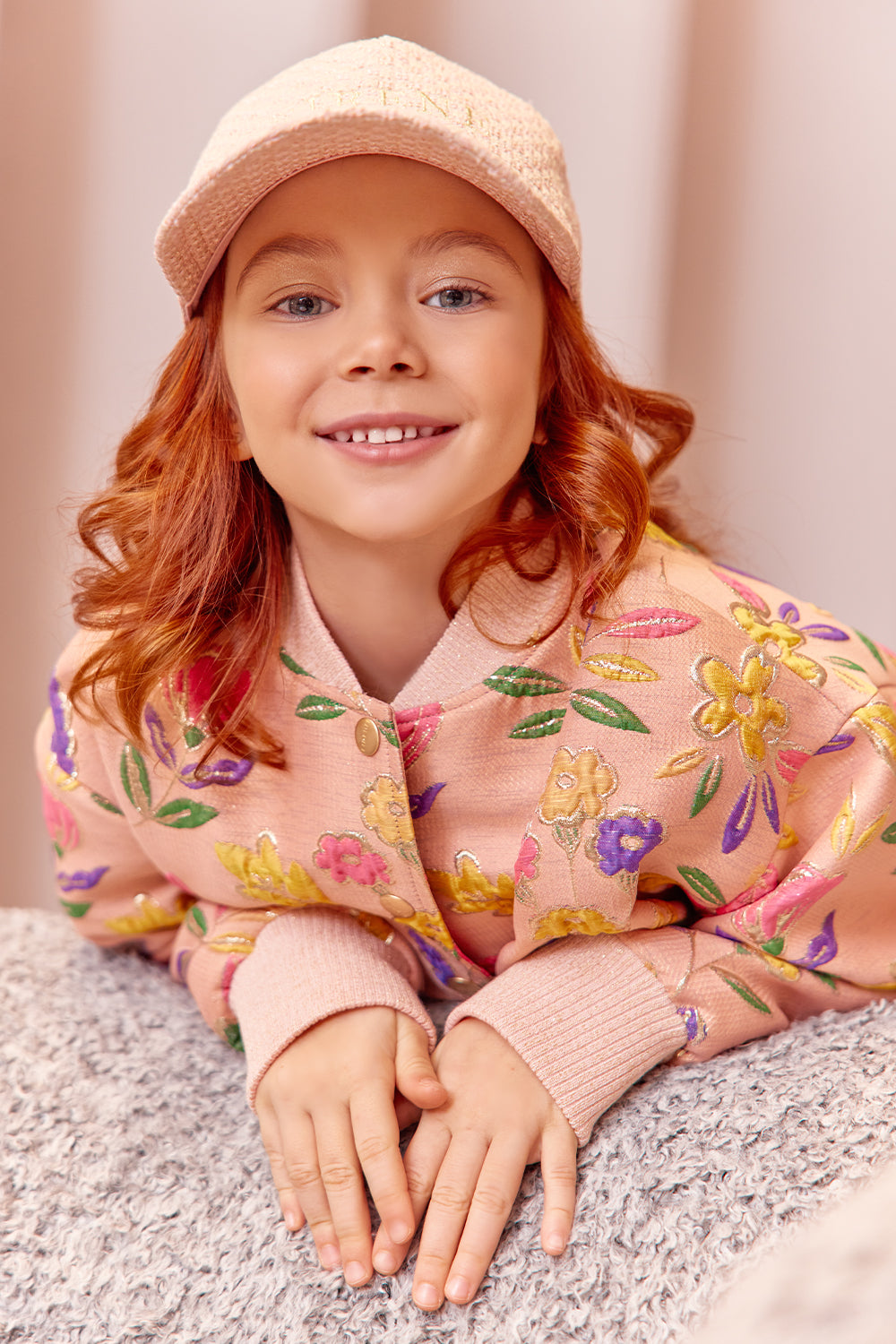 Pink and gold jacquard floral bomber jacket