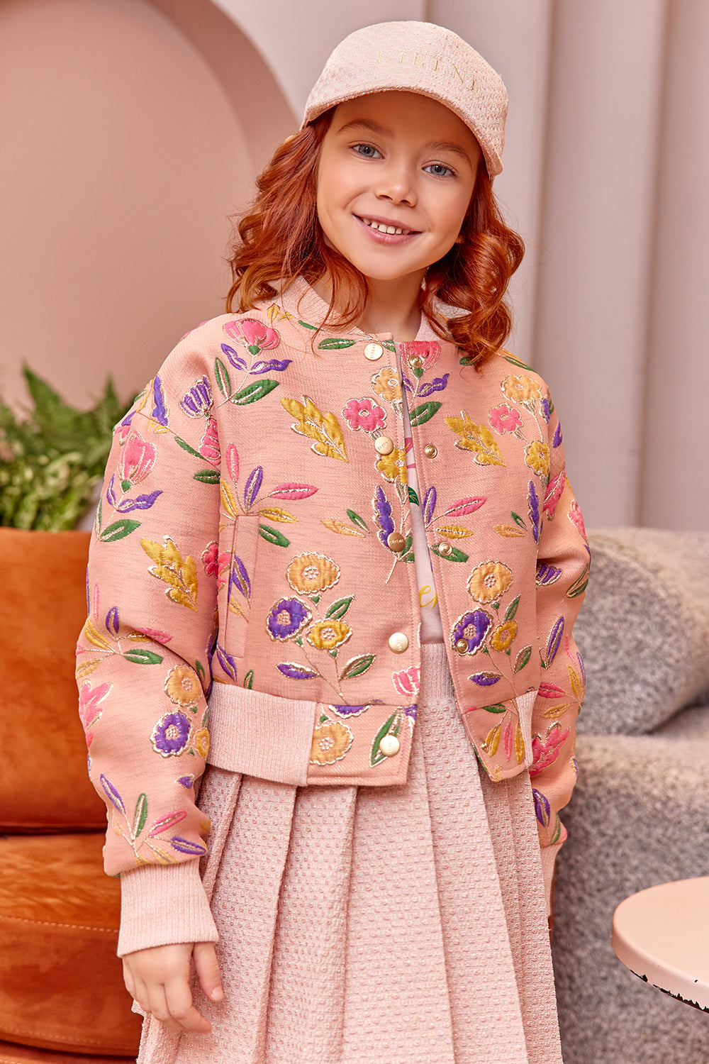 Pink and gold jacquard floral bomber jacket