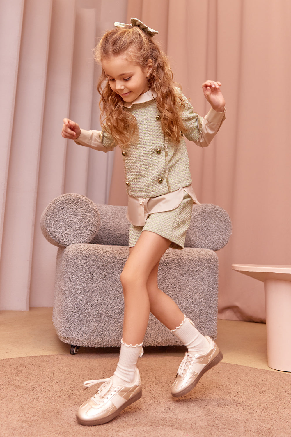 Light green and gold tweed top and shorts set