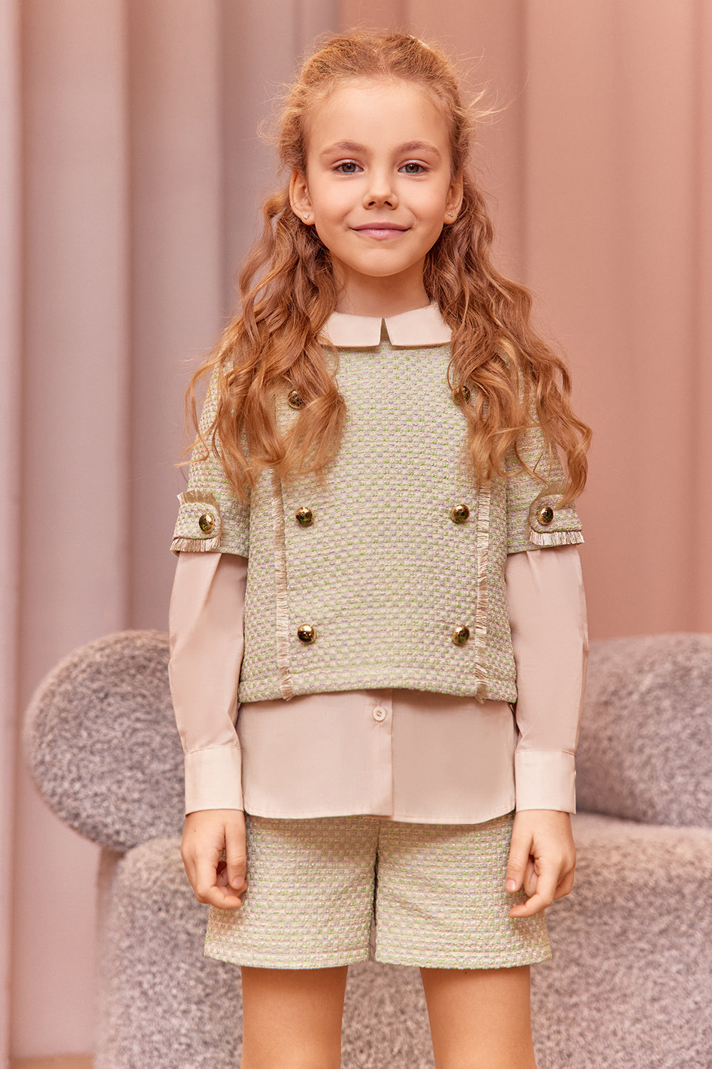 Light green and gold tweed top and shorts set