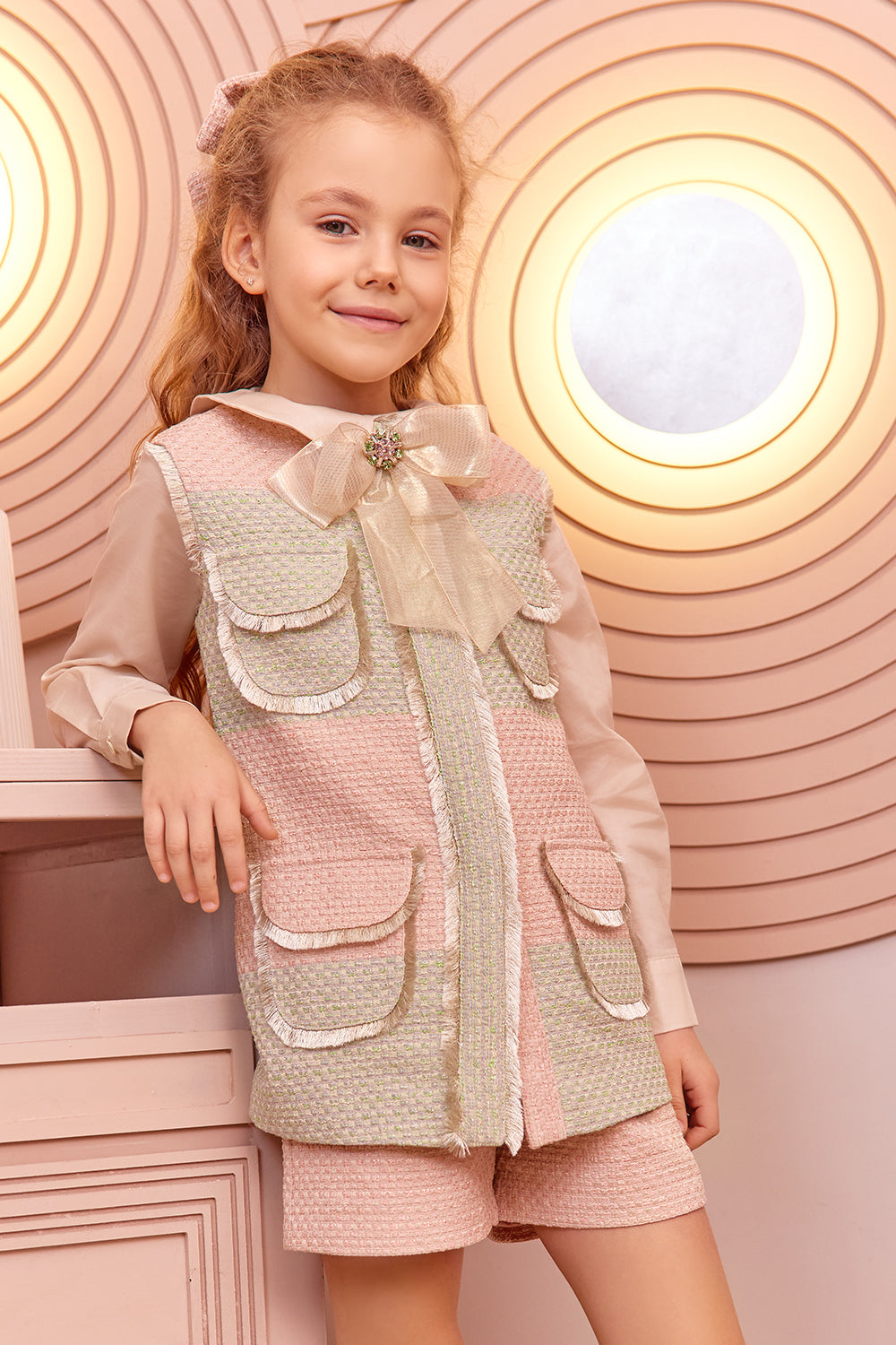 Pink and light green tweed gilet with pockets and gold fringes