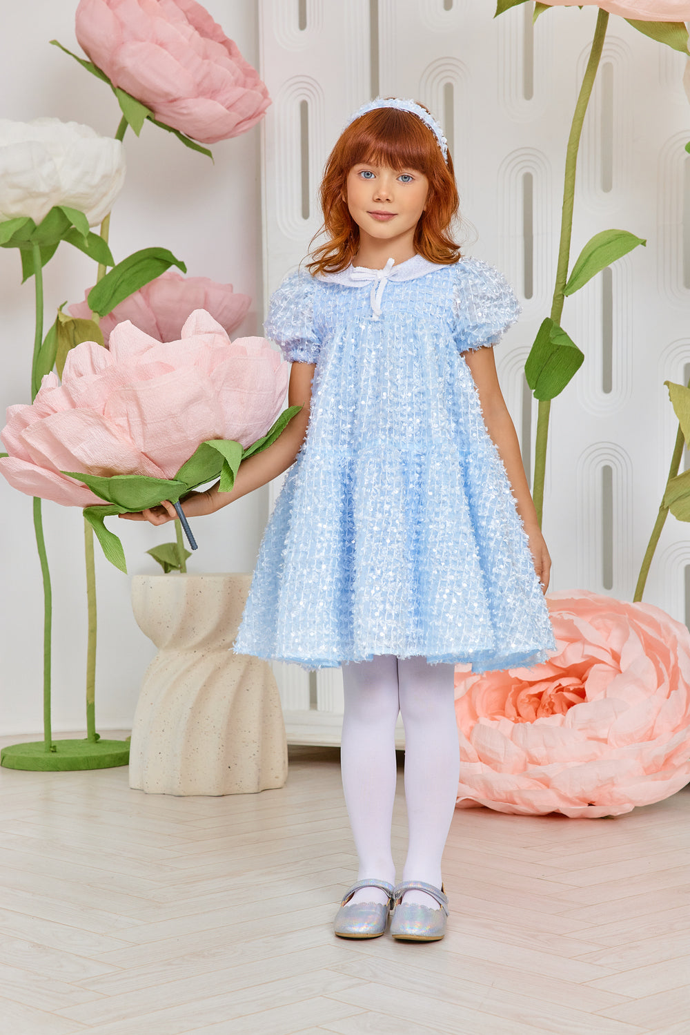 Blue sequin dress with collar and bow