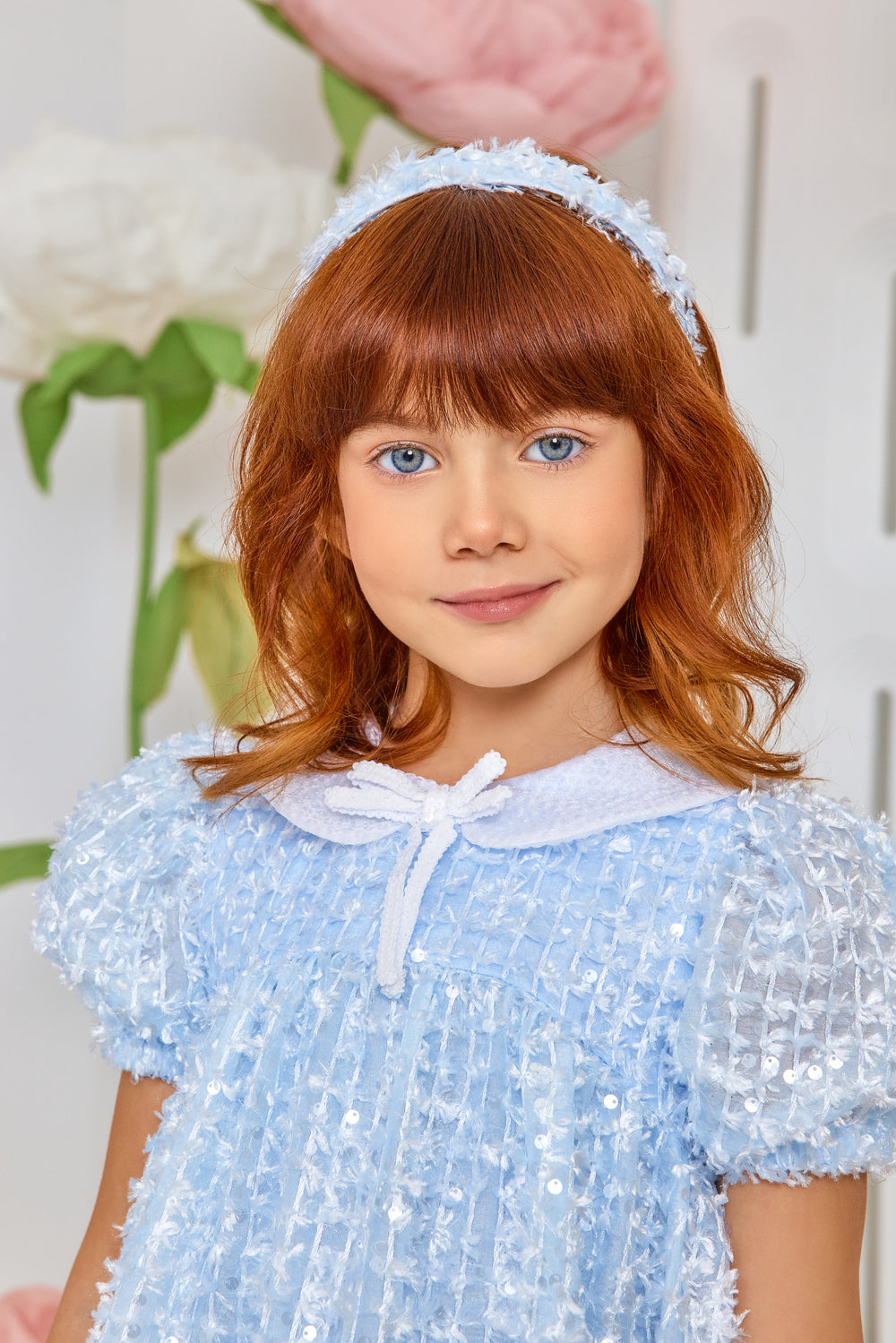 Blue sequin dress with collar and bow