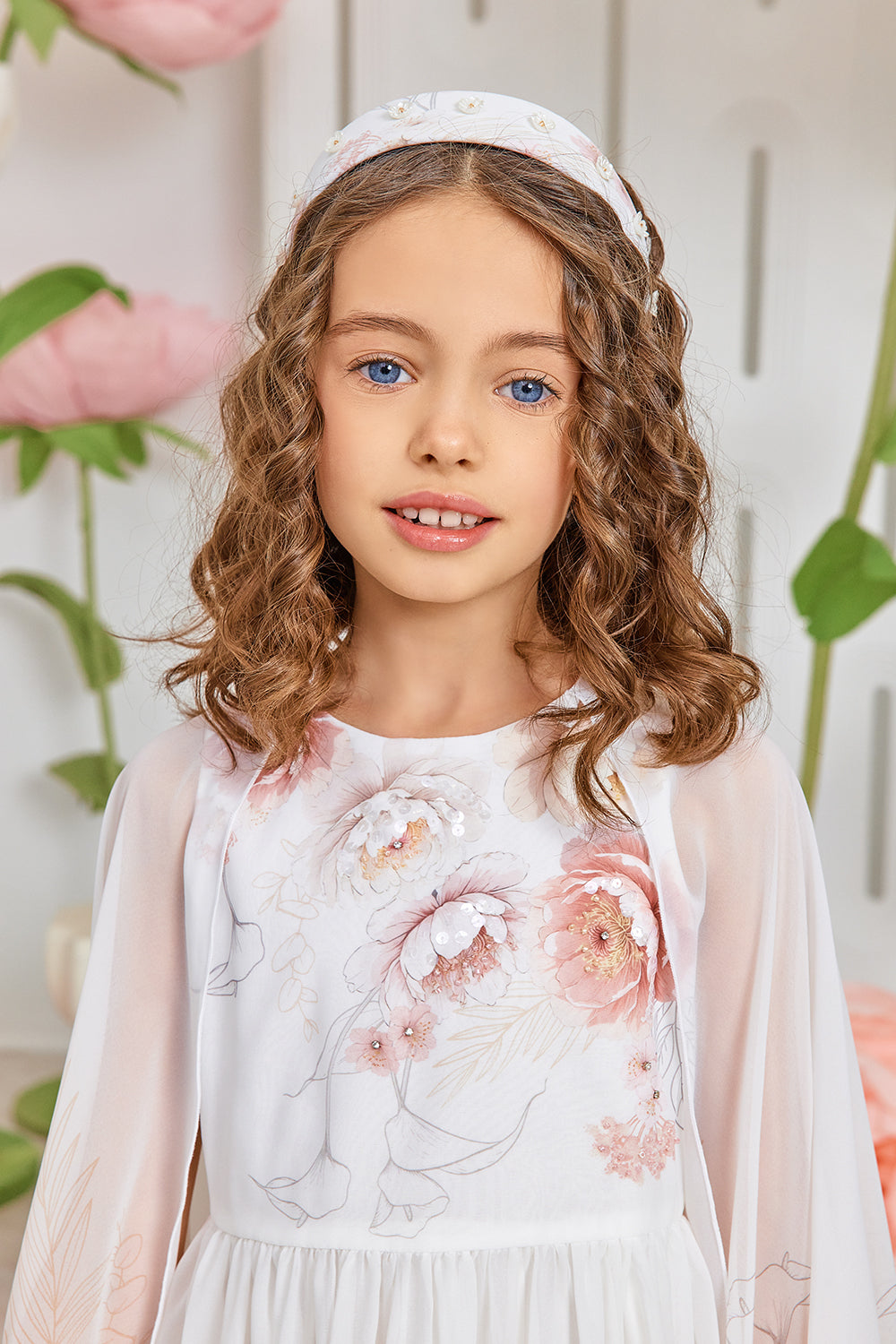 Off-white floral chiffon dress with hand-embellished front and cape sleeves