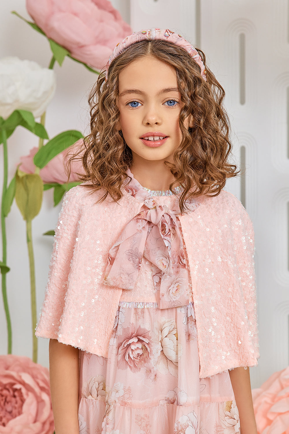 Pink glittery sequins cape with printed floral bow