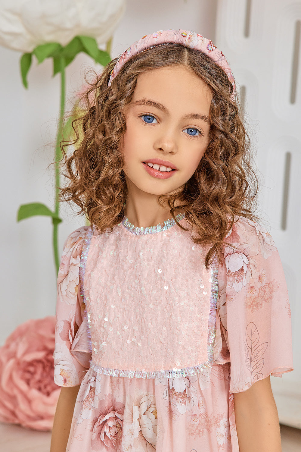 Pale pink floral chiffon dress with pink glittery sequins front