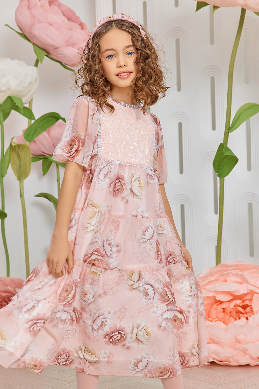 Pale pink floral chiffon dress with pink glittery sequins front