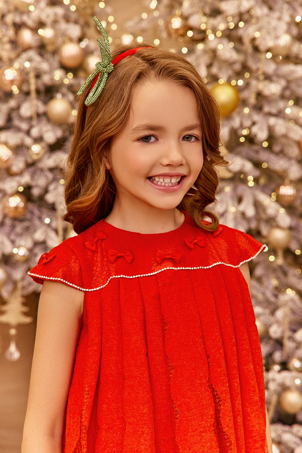 Red velvet-feel lace dress with crystals and red bows hand-embroidery