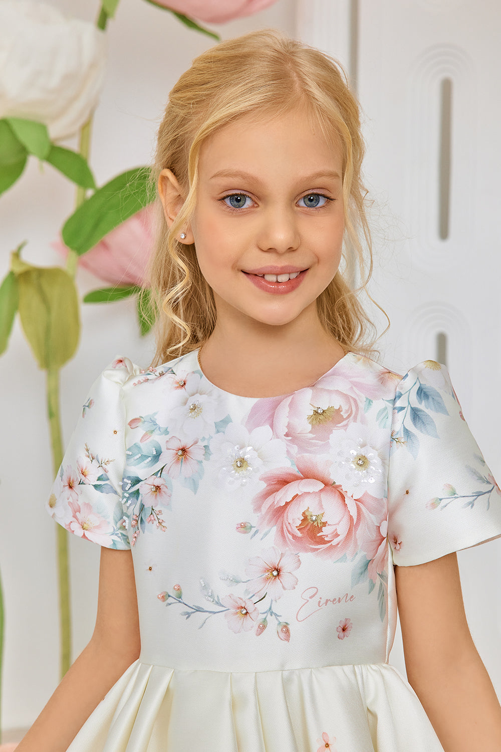 Off-white floral asymmetrical tulle dress with hand-embellished front