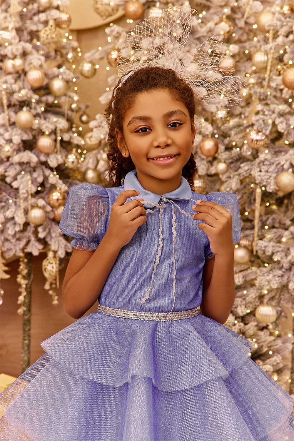 Blue and silver glittery layered dress with collar