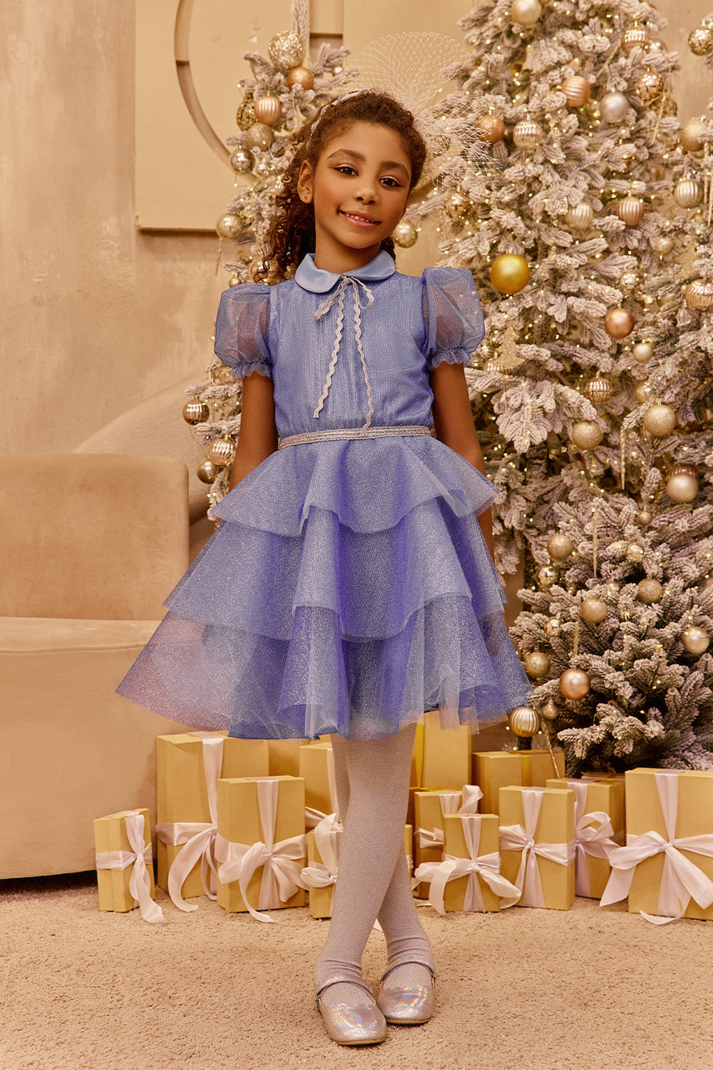 Blue and silver glittery layered dress with collar