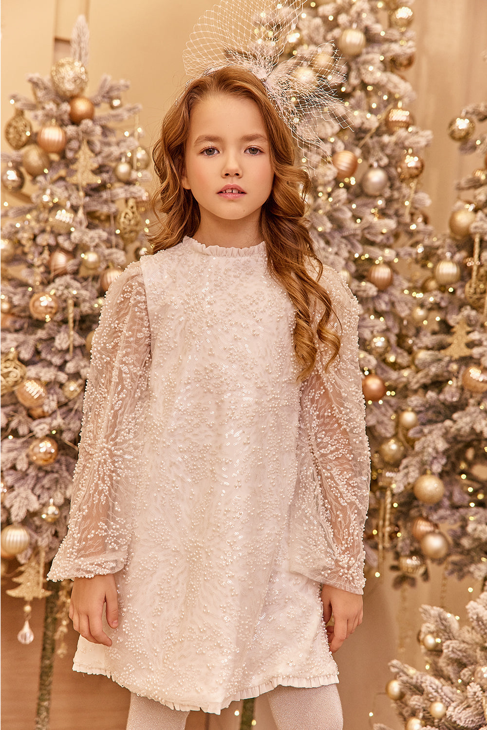 White pearl lace dress with big chiffon bow at the back